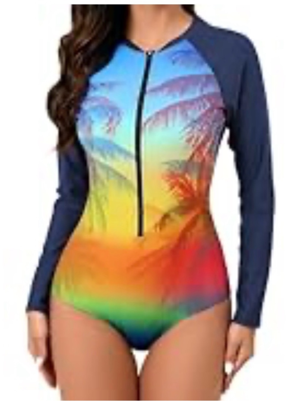 Long Sleeve Rainbow Palm One-Piece Swimsuit - Navy Sleeves size L